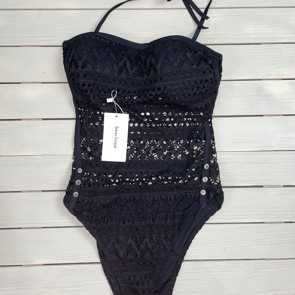 NWT Beachside High Cut Leg Black One Piece Bathing Suit size L